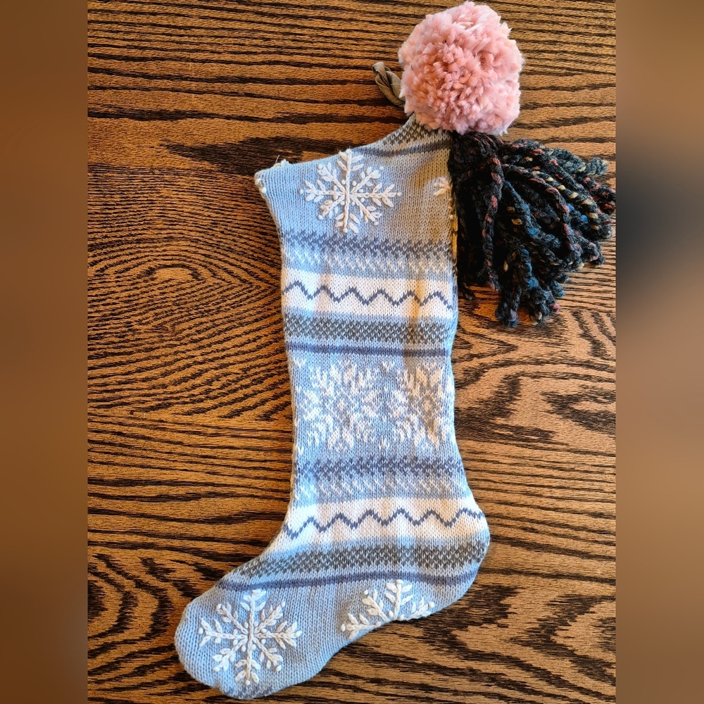 Blue and White Knit Stocking with Pink Pom-Pom